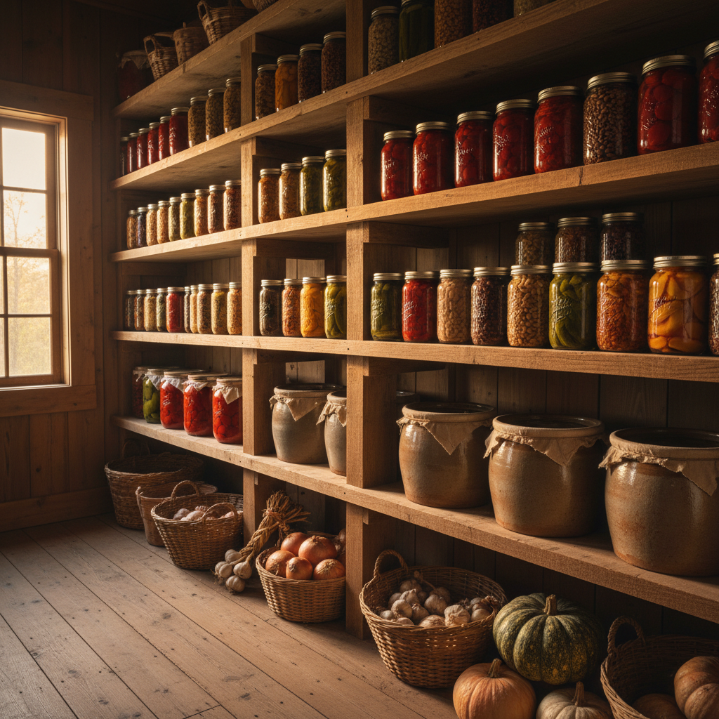 An organized pantry of preserved food
