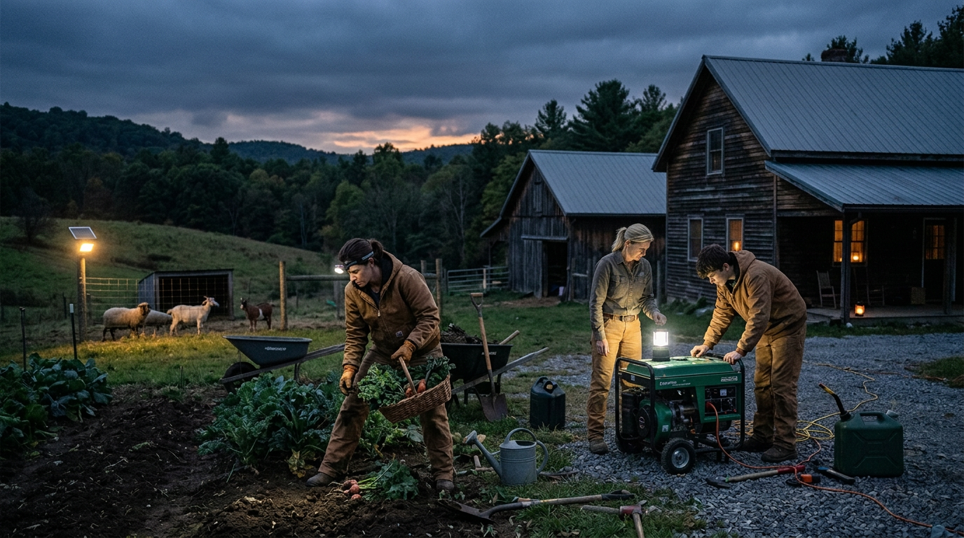 Family members working together at dusk