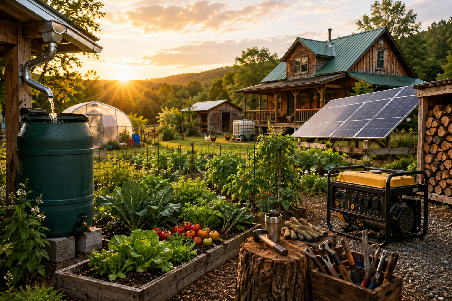 A productive rural homestead in warm evening light